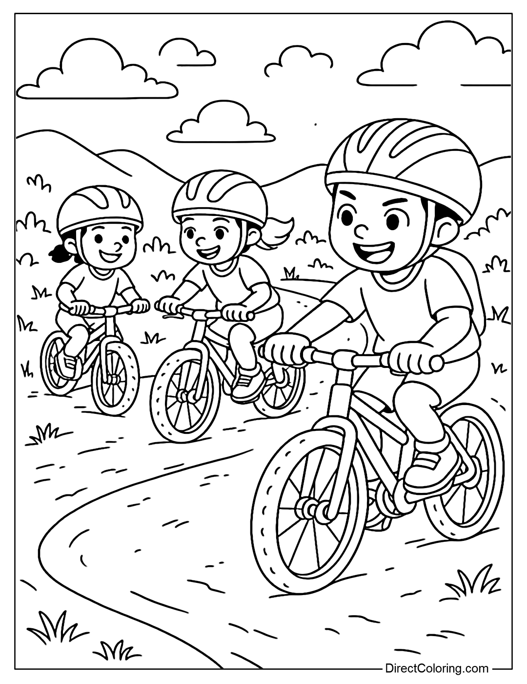 Coloring page of a group of friends racing a bike on a trail, with determined and happy faces